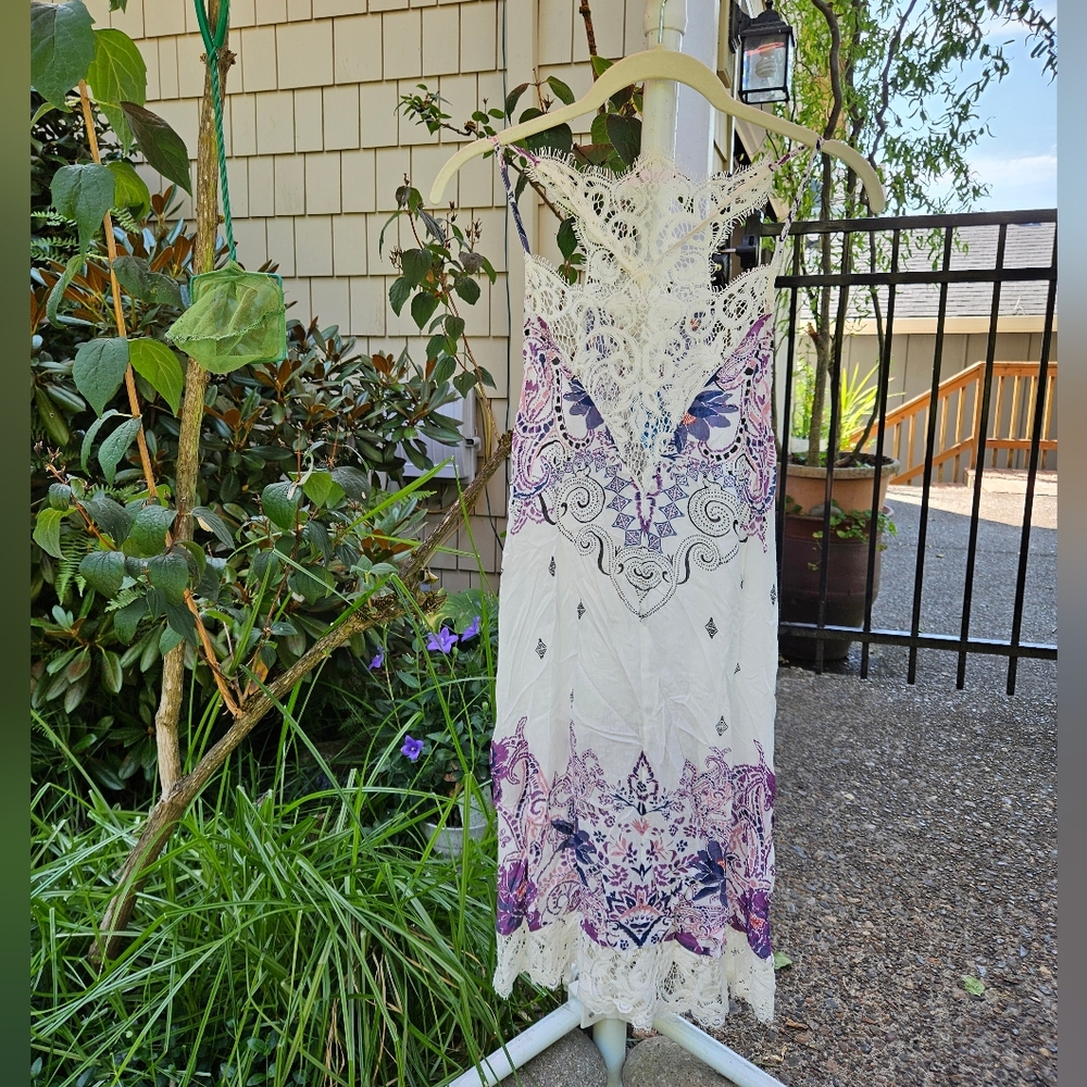 Free People Who's Sorry Now Printed Mini Slip Dress Sleeveless Lace Ivory XS NWT - Picture 7 of 16